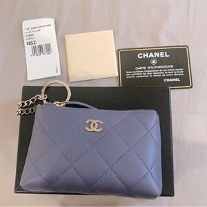 NEW RARE CHANEL Quilted Purple Lambskin Coin Pouch with Keychain full set